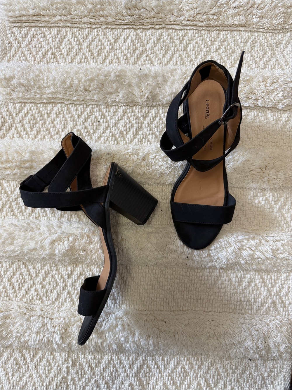 George Black Suede Block Heel Sandals with Crisscross Straps